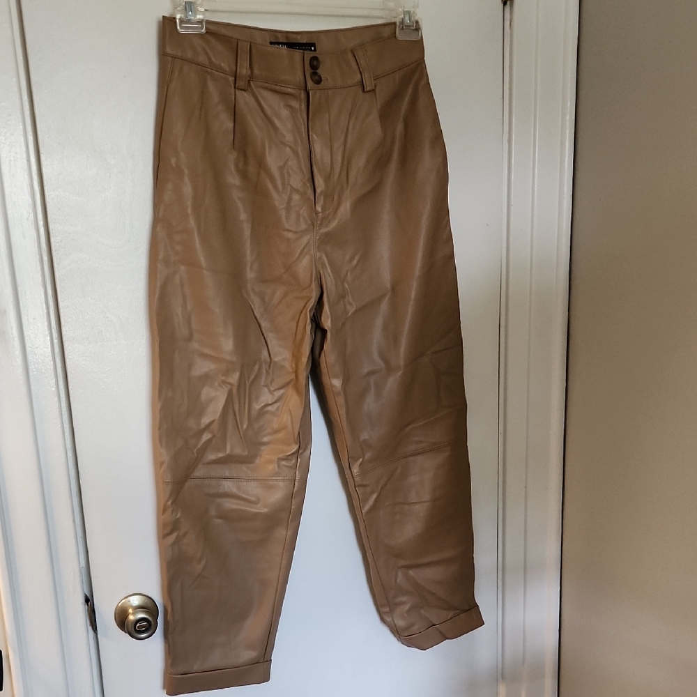 Zara Women's Brown Faux Leather Mom Fit Pants